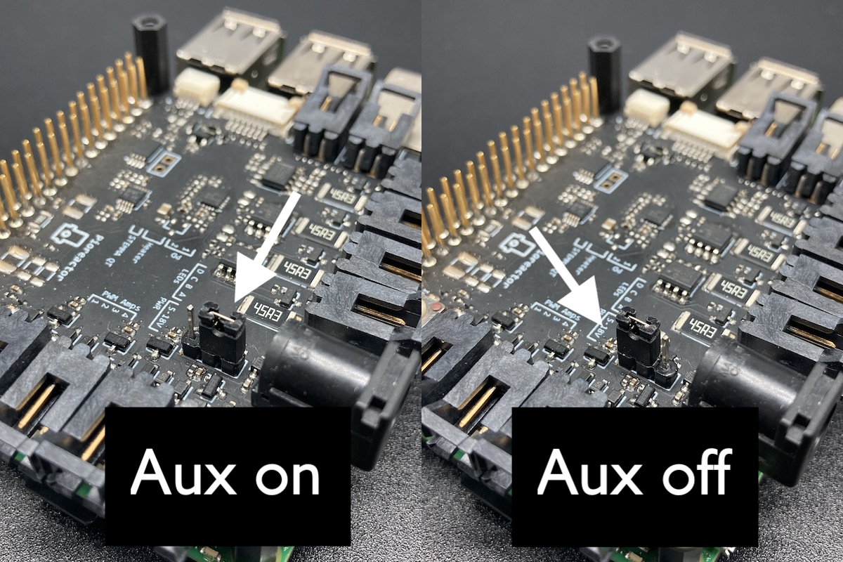 left image shows the shunt connector in the ON position, right image shows shunt connector in the OFF position
