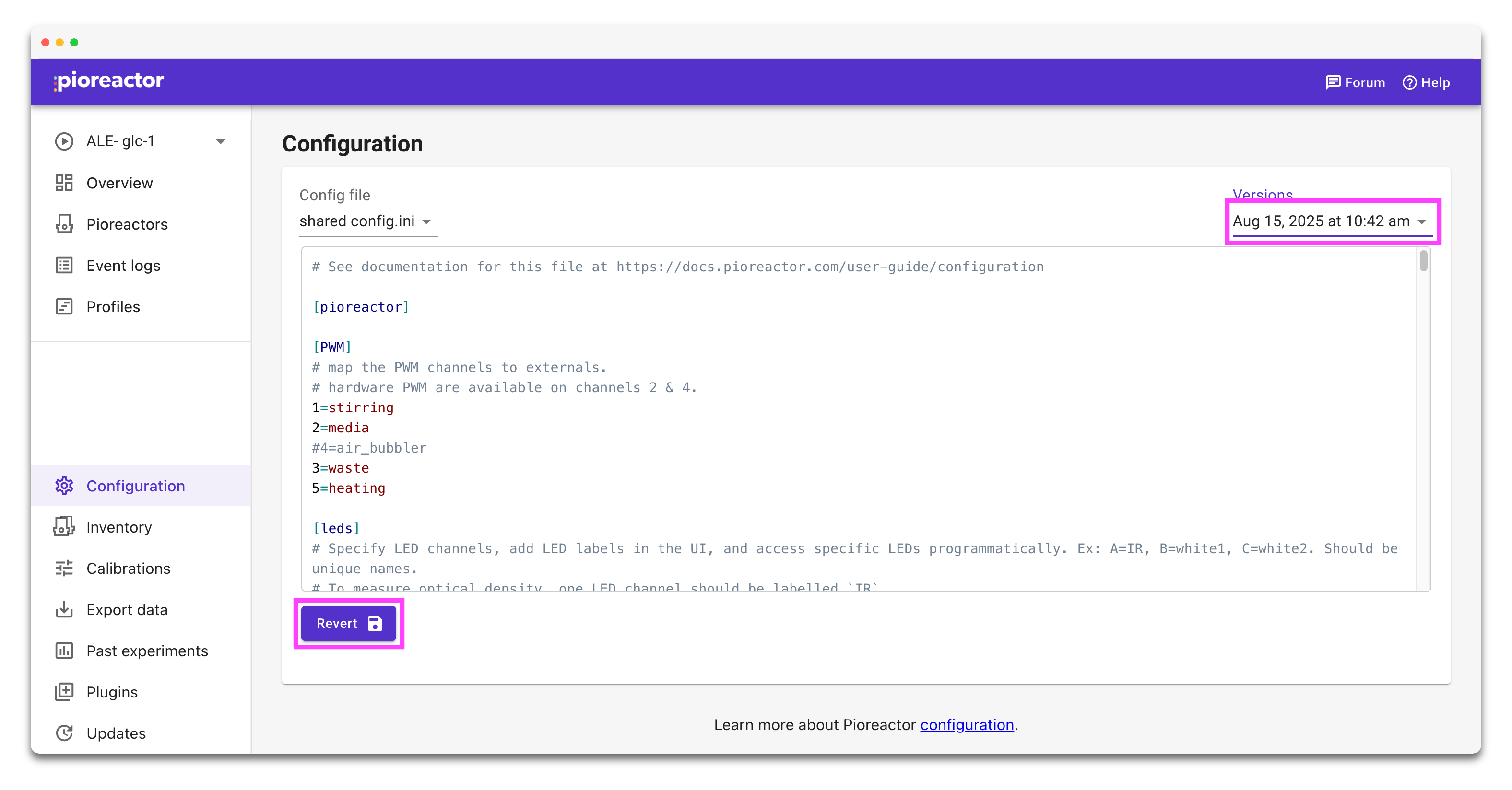 Select historical versions of config.ini's