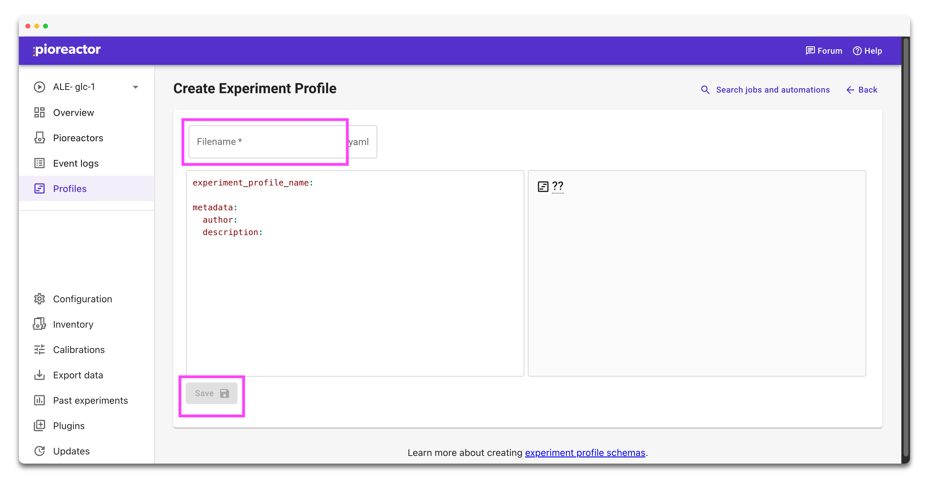 Filename field and Save button highlighted in the Create Experiment Profile form
