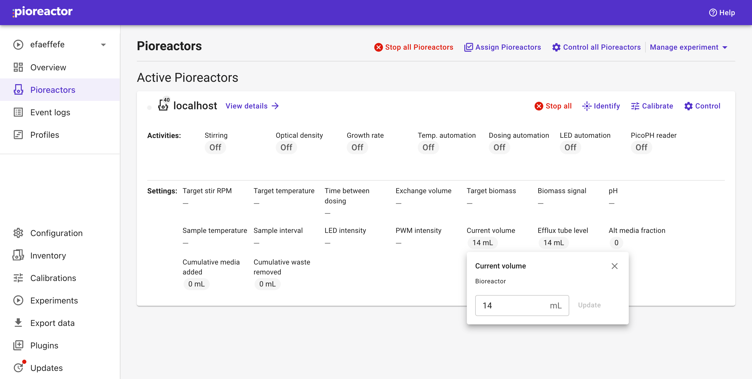 UI showing how to update the current volume on a Pioreactor card.