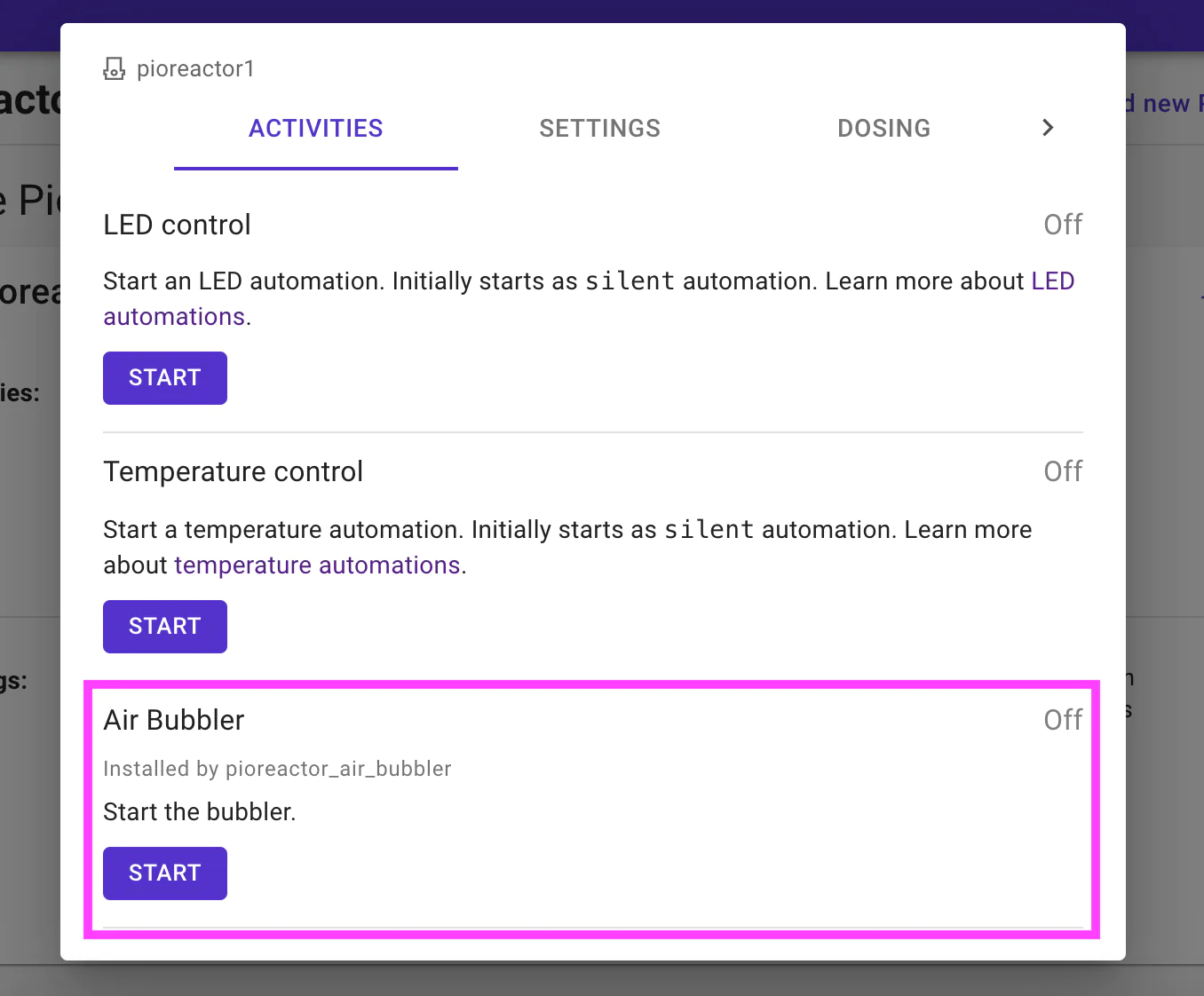 The list of activities, that now includes the activity installed via a plugin (highlighted).