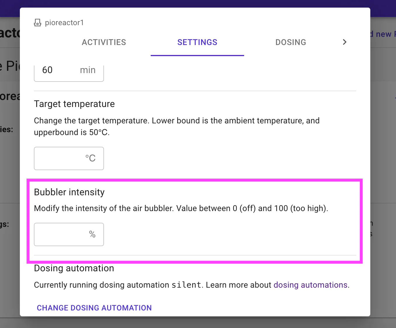 The list of settings of activities, and specific settings for the new activity are highlighted.