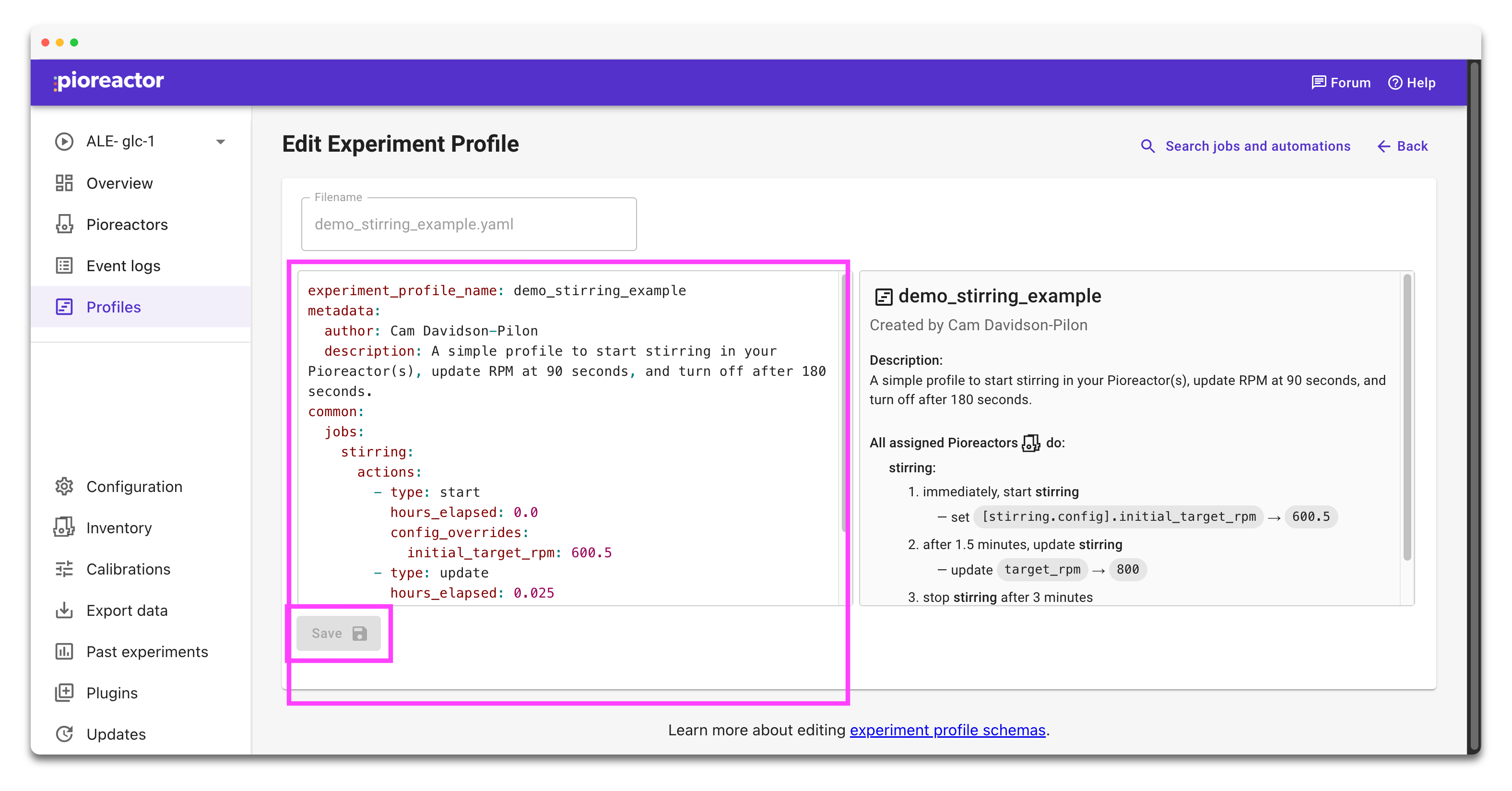 YAML editor and Save button highlighted in the Edit Experiment Profile view