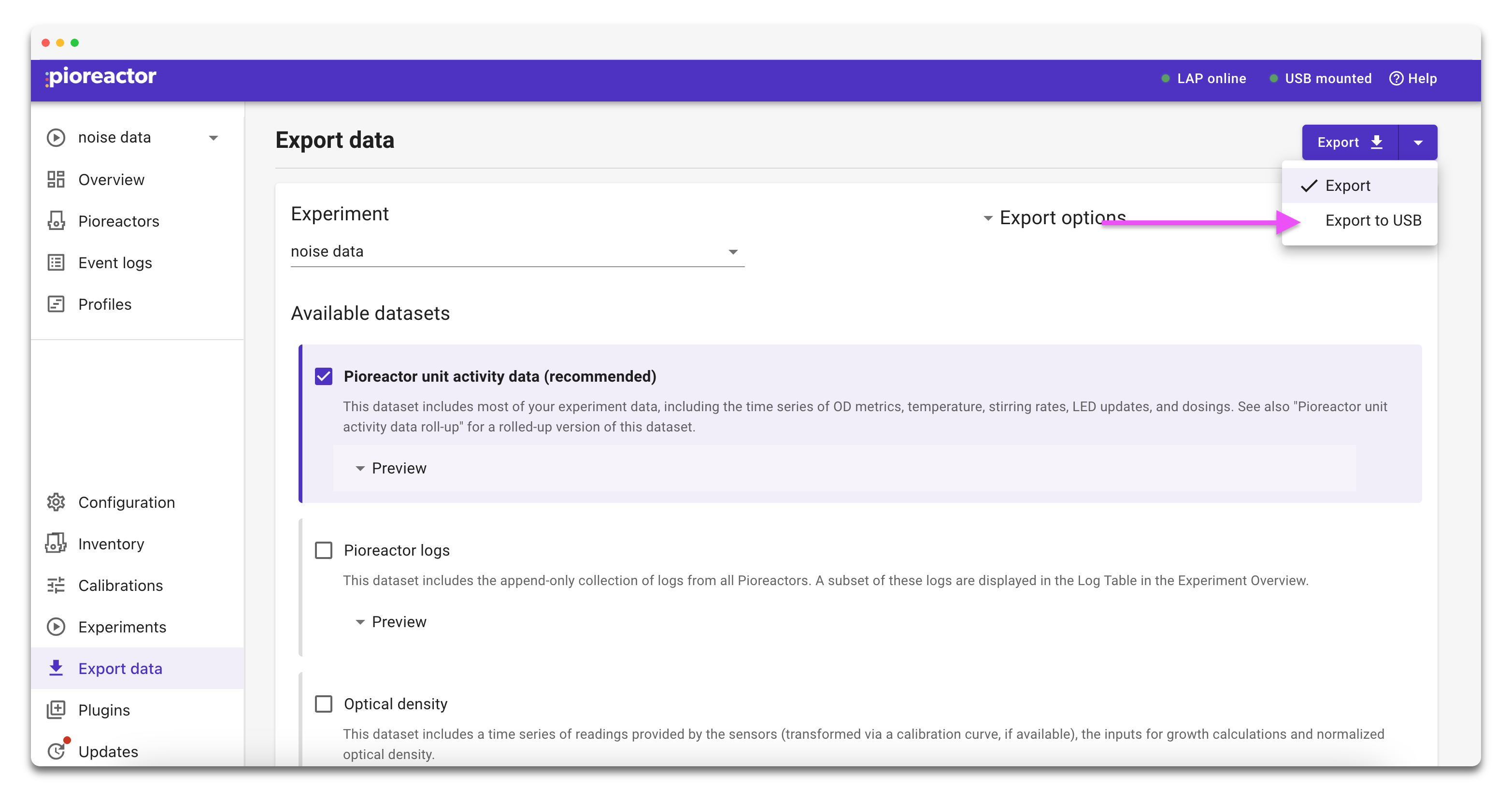 Export data page showing Export to USB