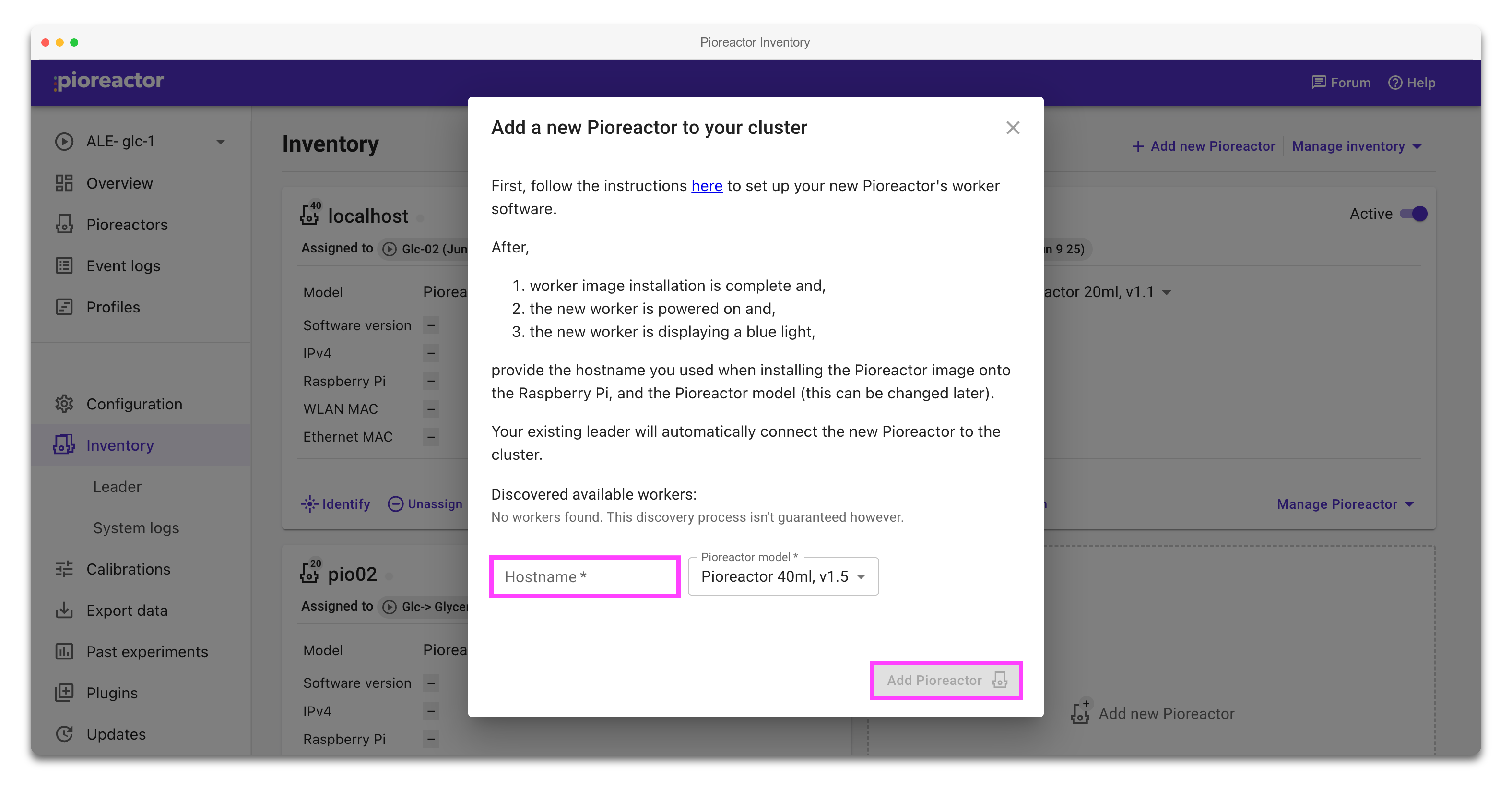 Add Pioreactor modal with hostname and Add Pioreactor button highlighted