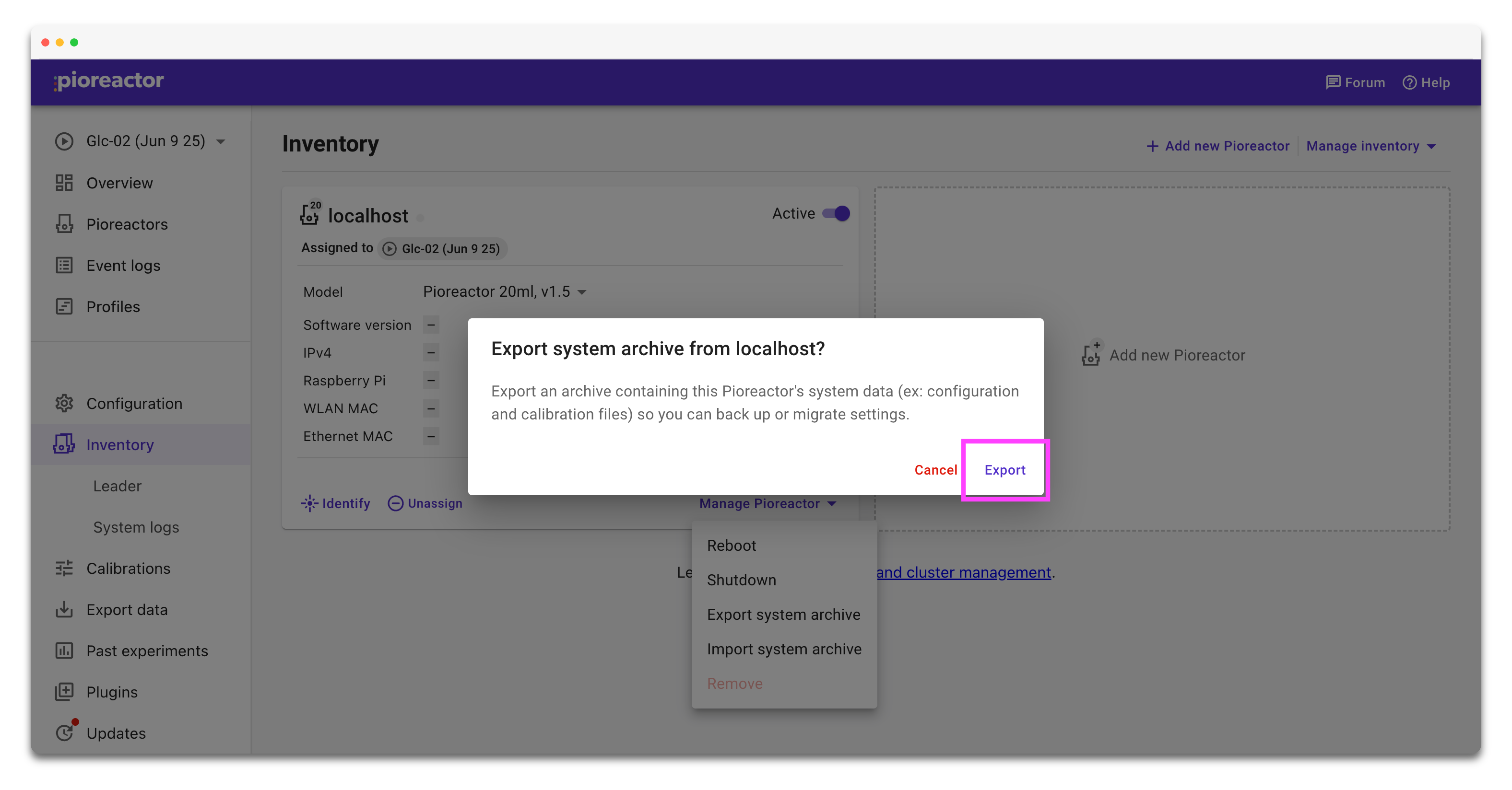 Export system archive confirmation dialog with the Export button highlighted