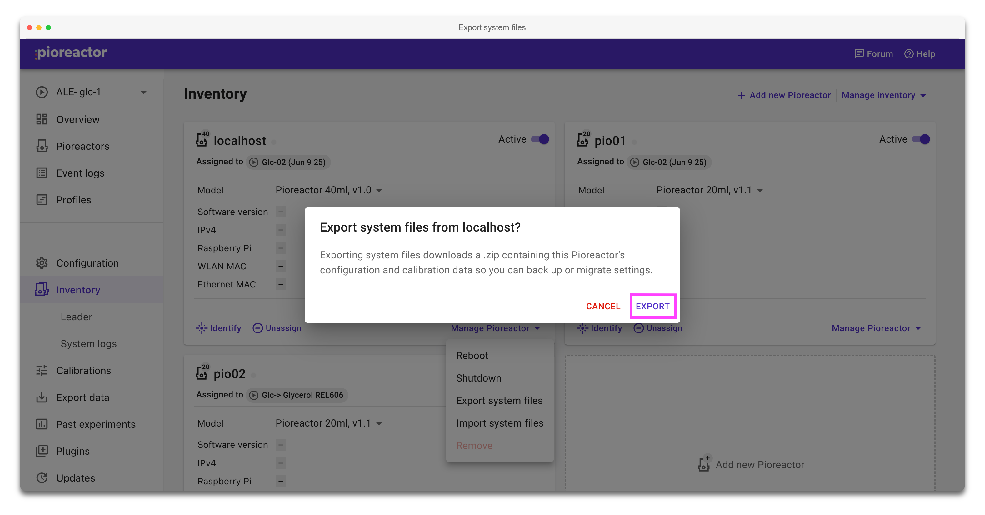 Export system files confirmation dialog with the export button highlighted