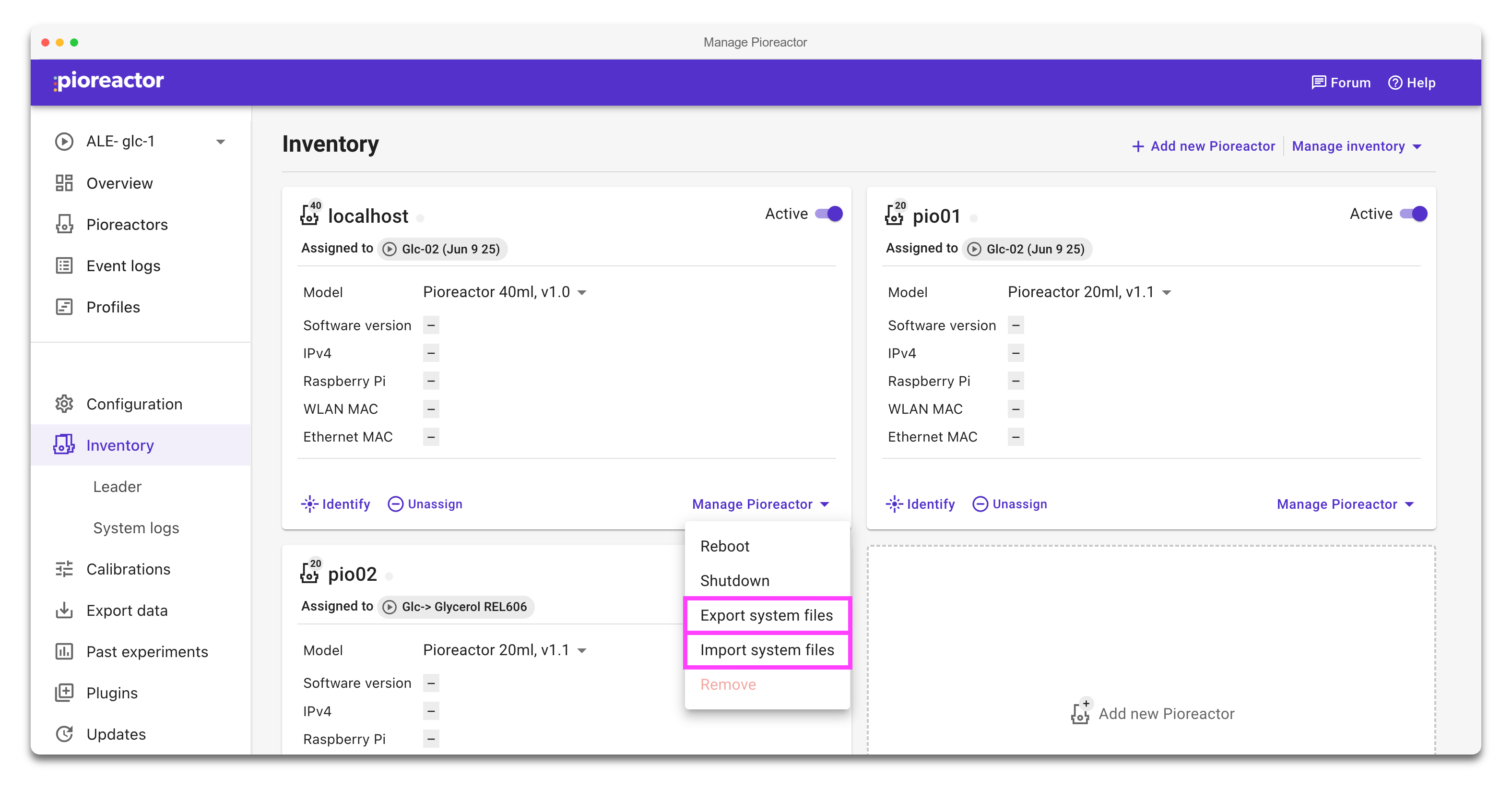 Manage Pioreactor menu showing export and import actions highlighted
