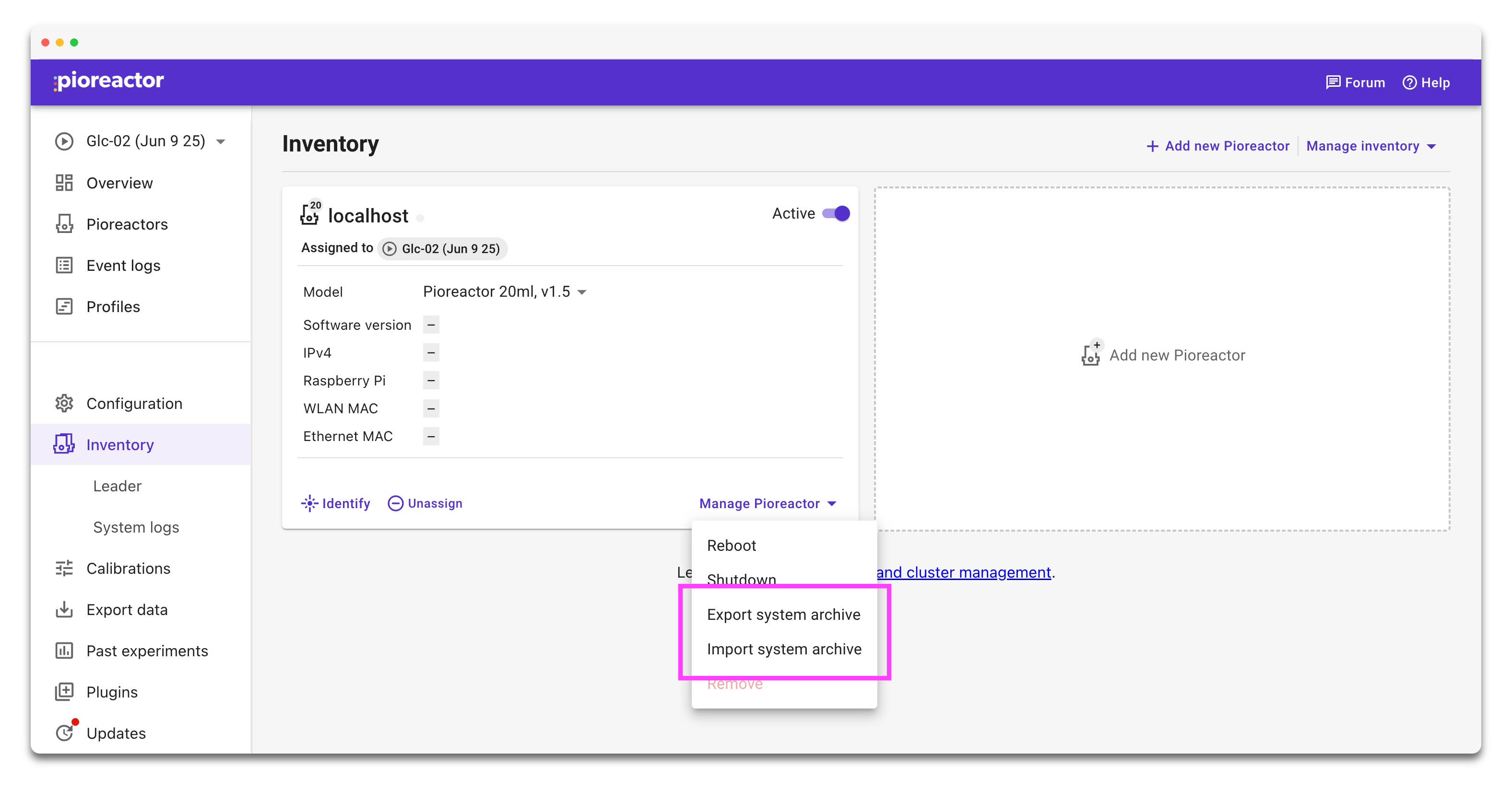 Manage Pioreactor menu showing Export system archive and Import system archive actions highlighted