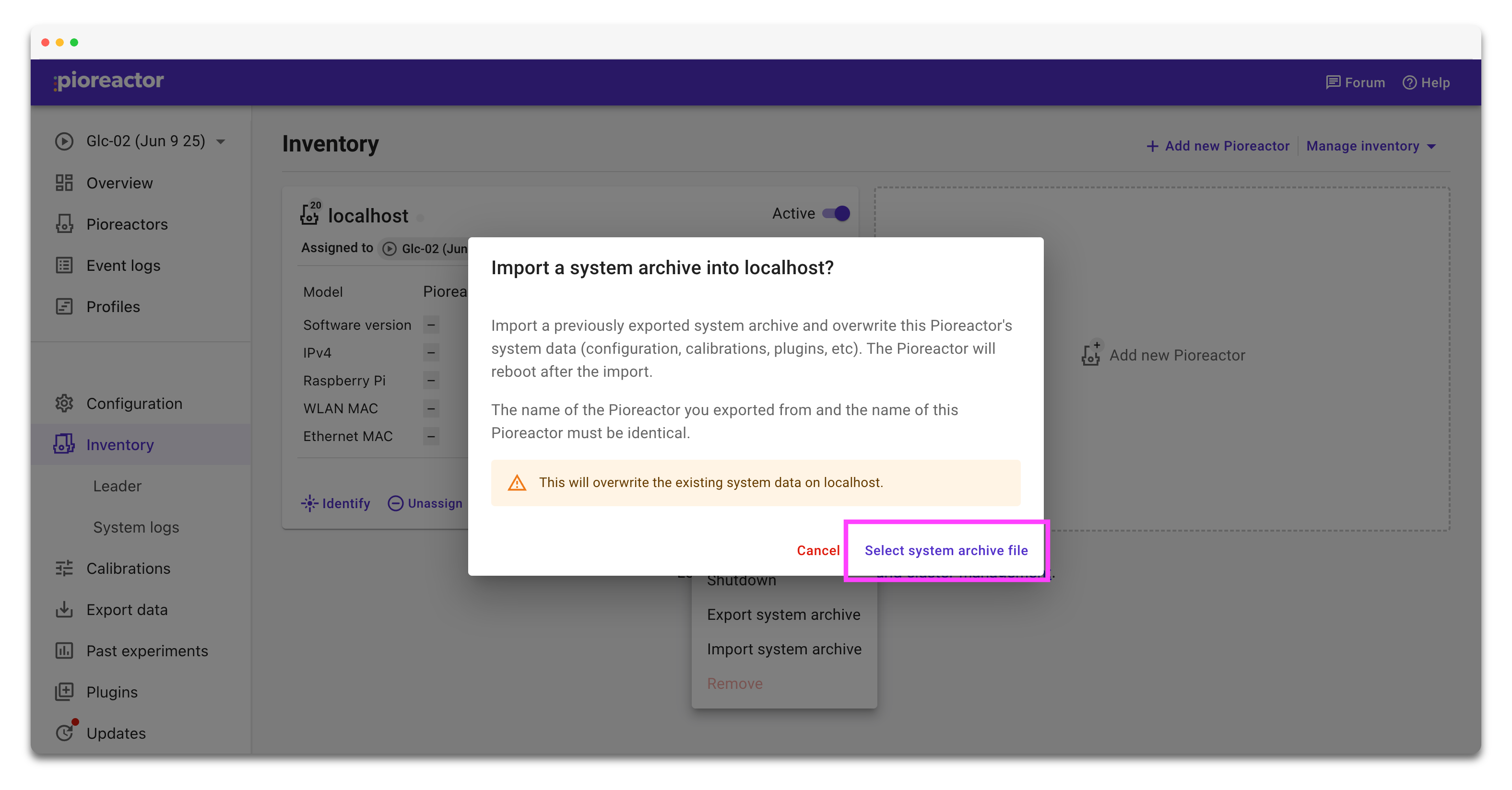 Import system archive confirmation dialog with the Select system archive file button highlighted