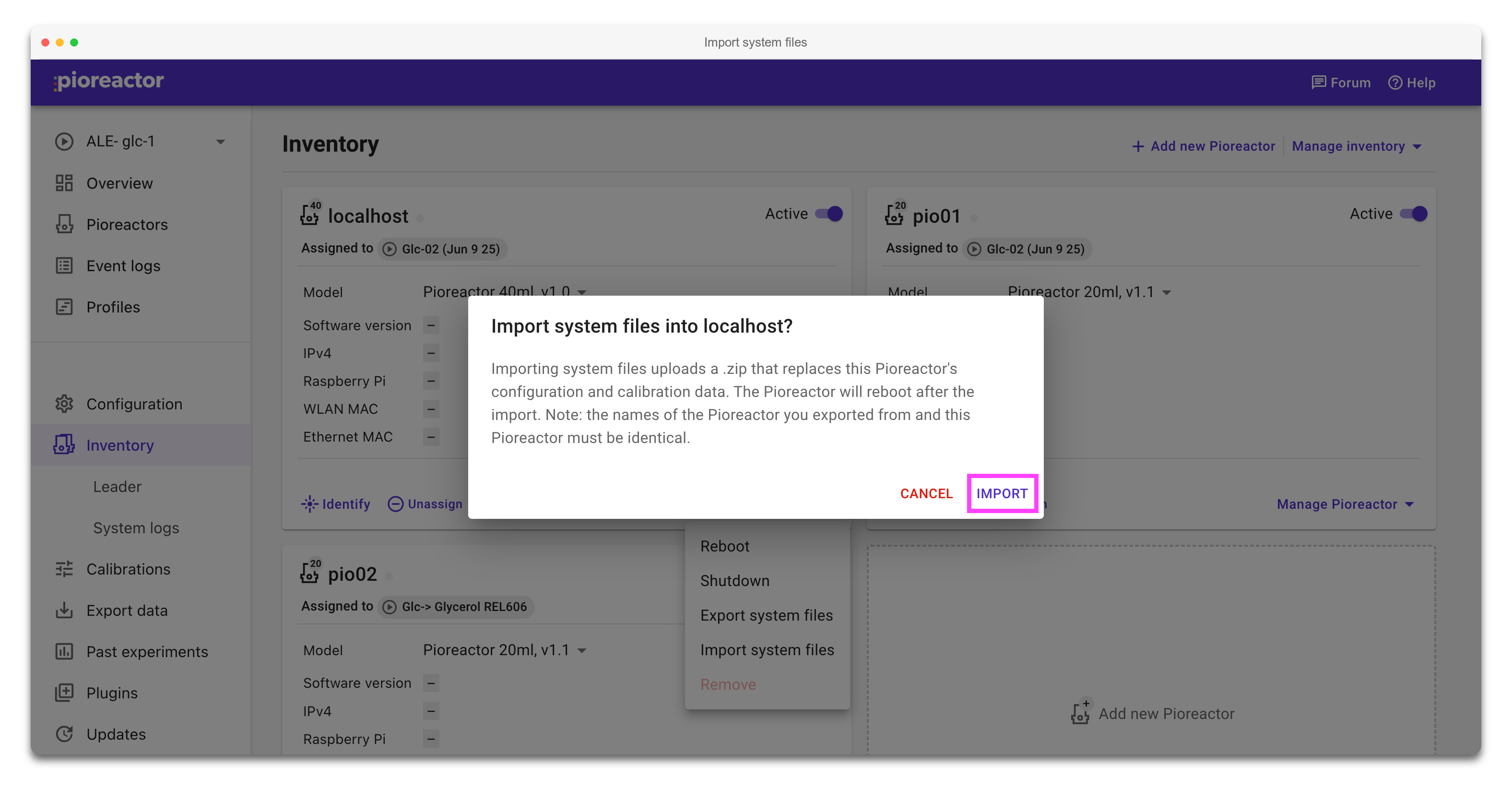 Import system files confirmation dialog with the import button highlighted