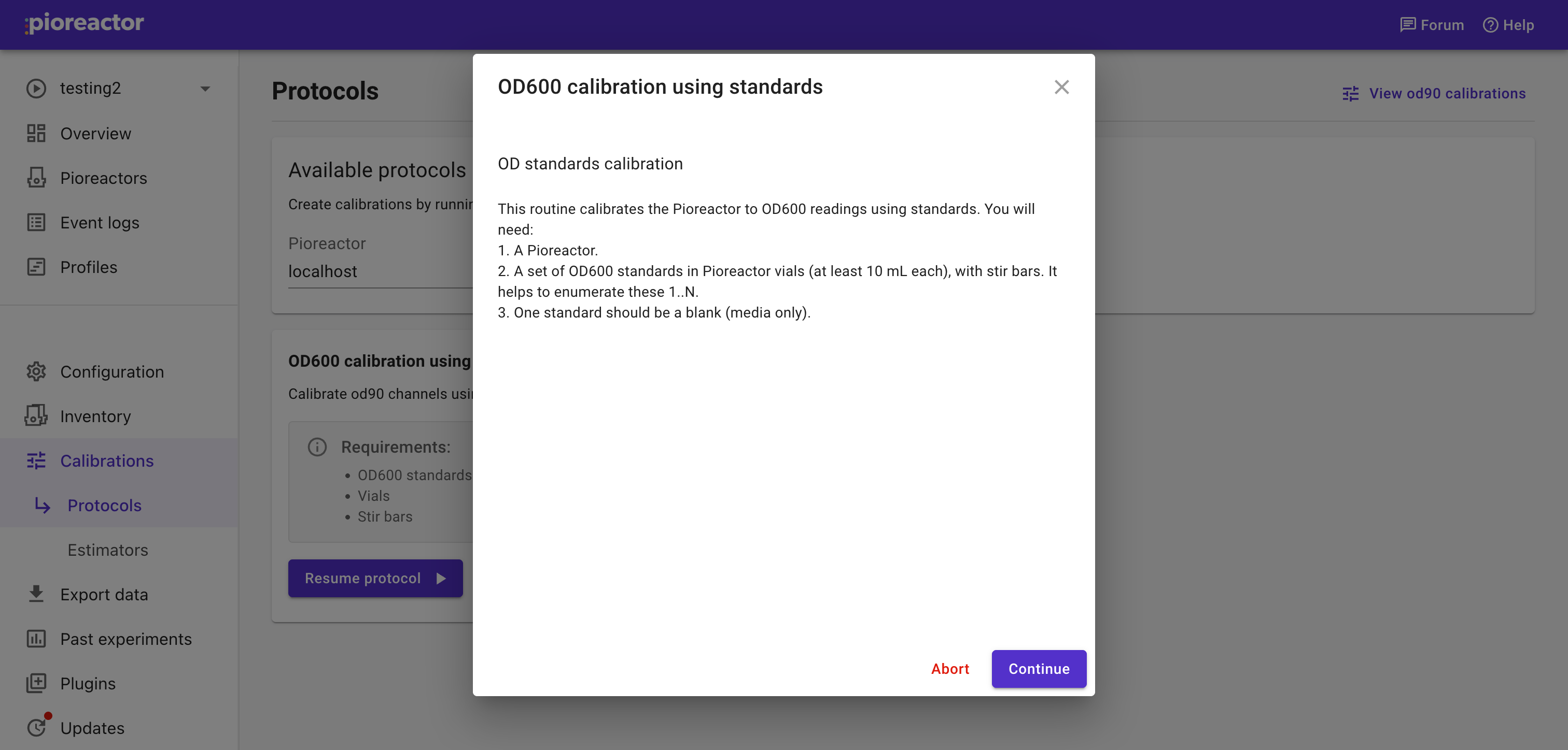 OD600 standards protocol intro step in the UI.