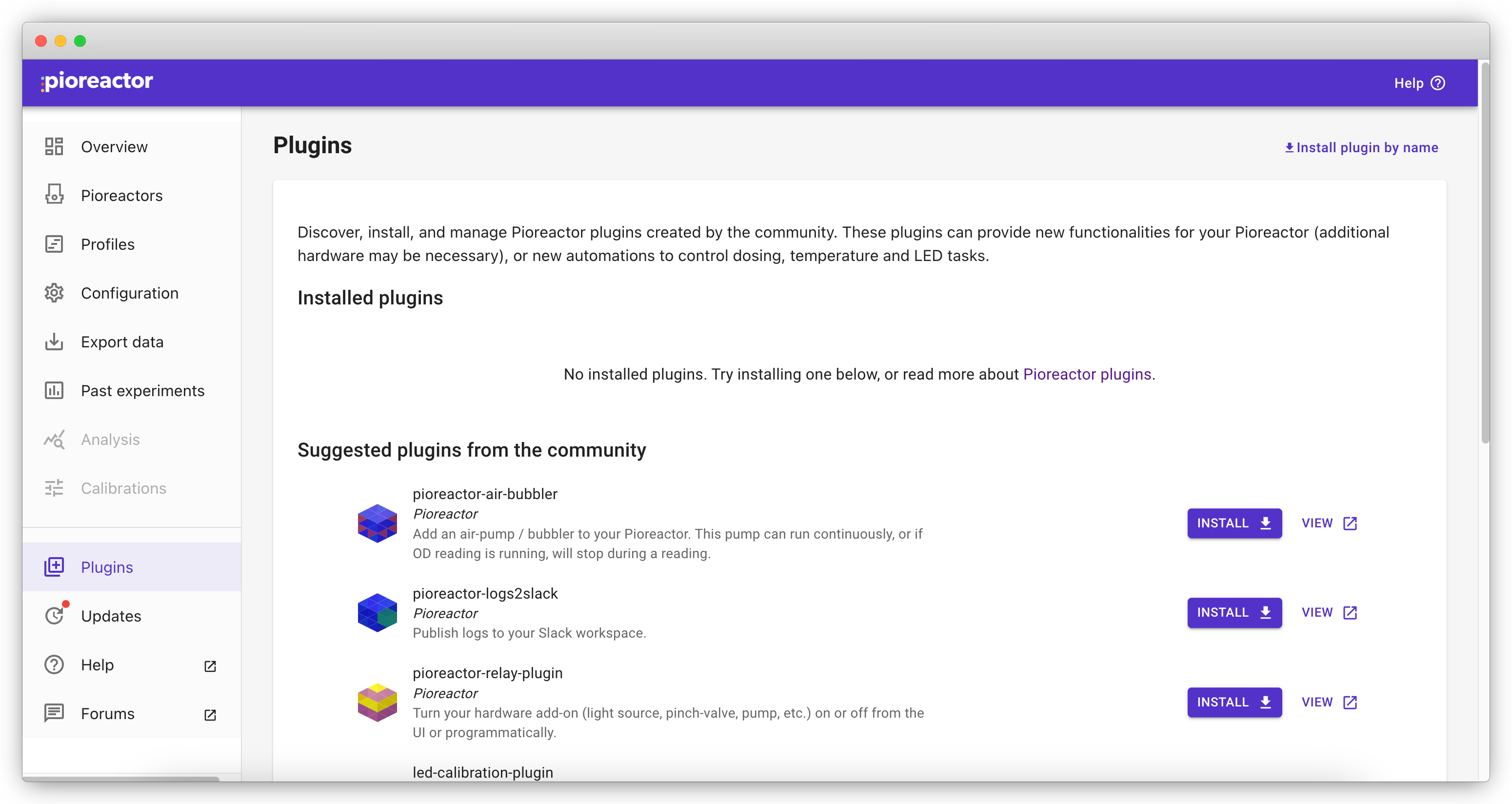 Plugin page in the Pioreactor UI. The page shows a list of plugins, with a description of the plugin under each one.