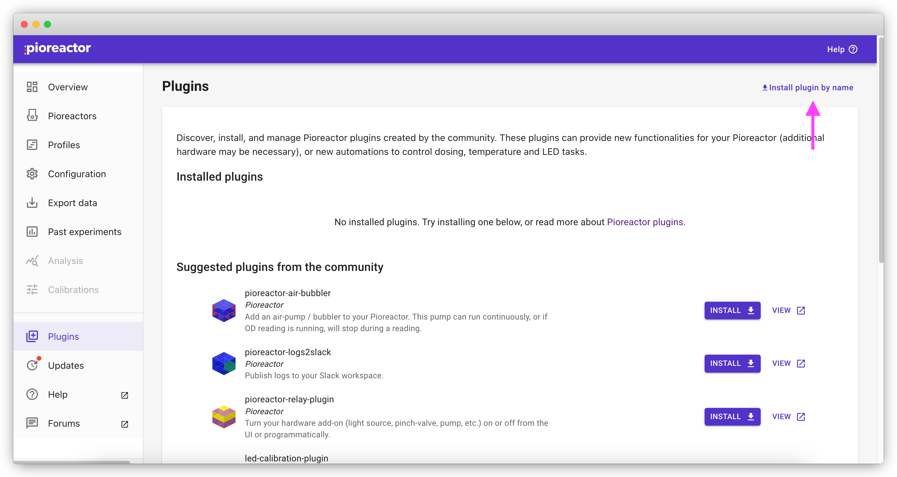 Plugin page in the Pioreactor UI. The &quot;install plugin by name&quot; is highlighted.