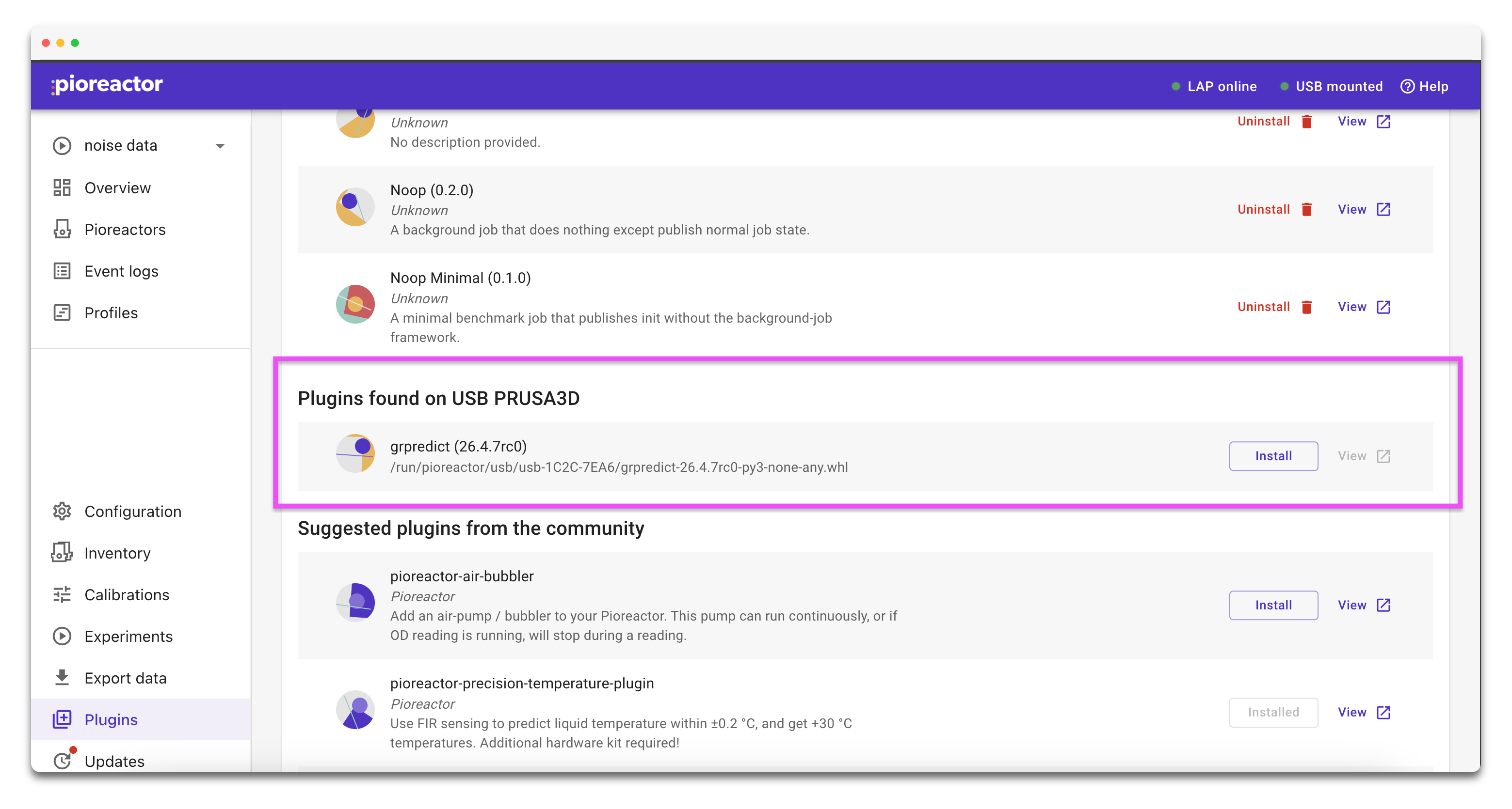 Plugins page showing plugins found on a USB drive