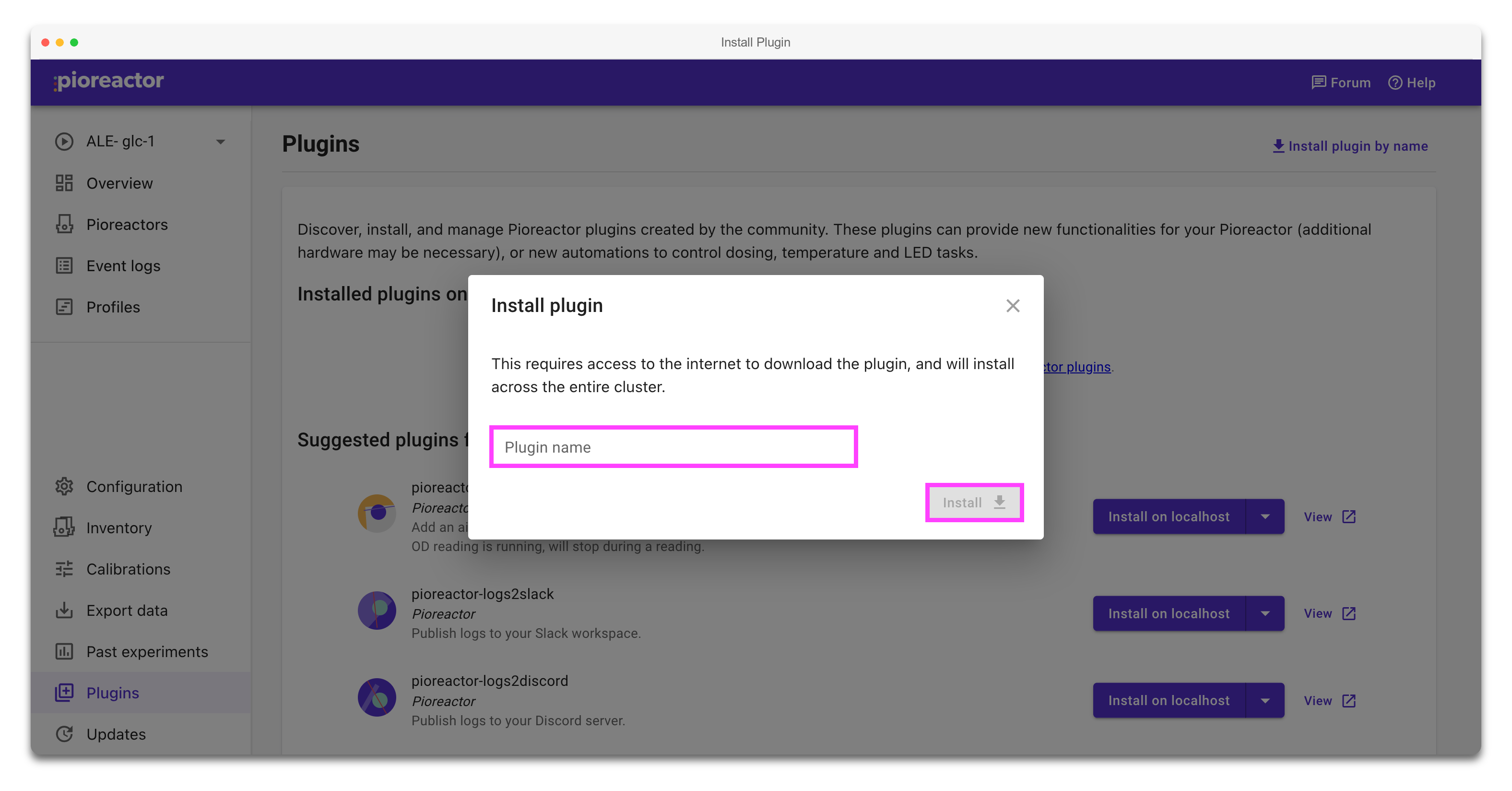 Install plugin dialog highlighting the plugin name field and Install button