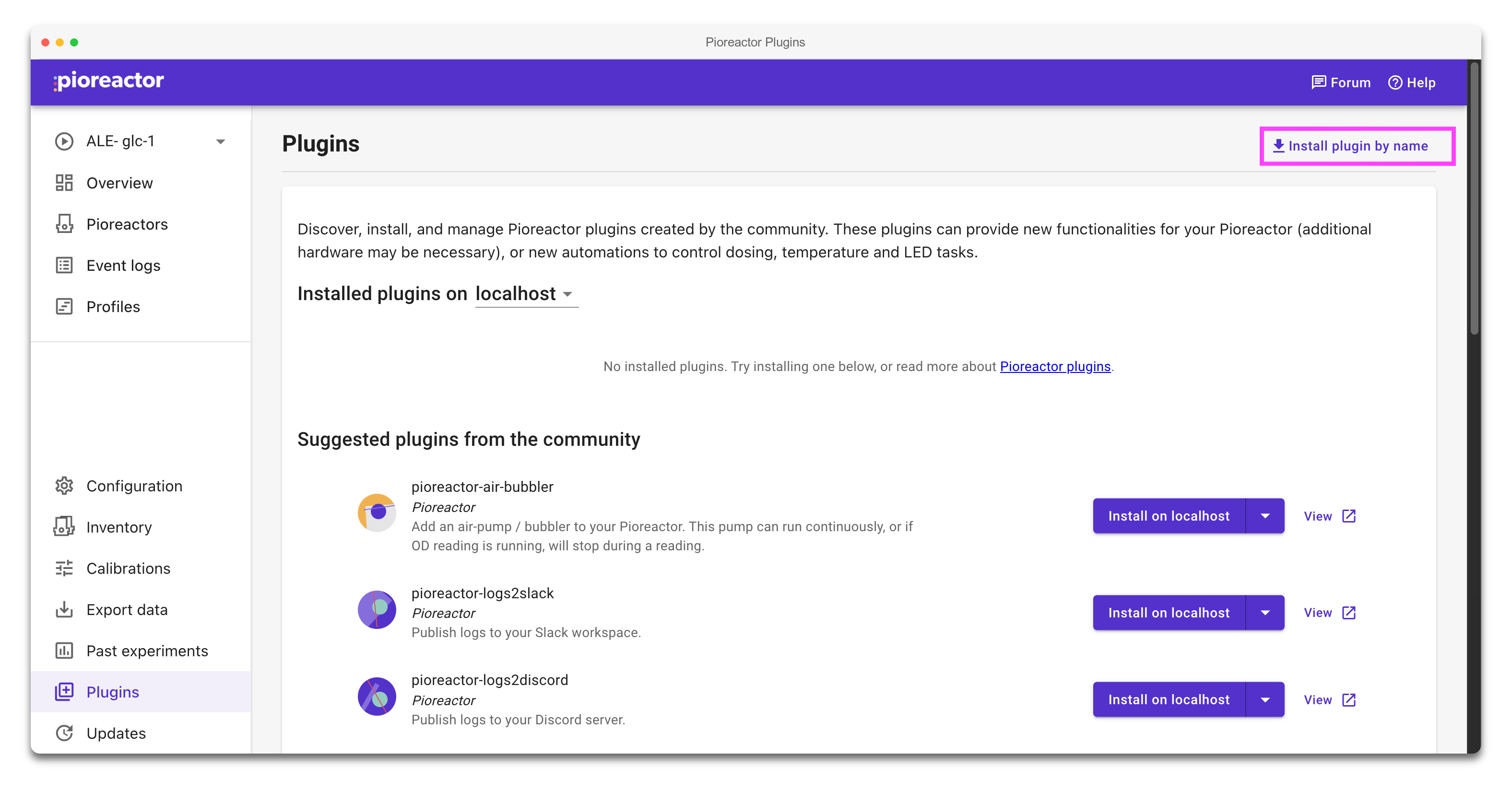 Plugins page with Install plugin by name highlighted
