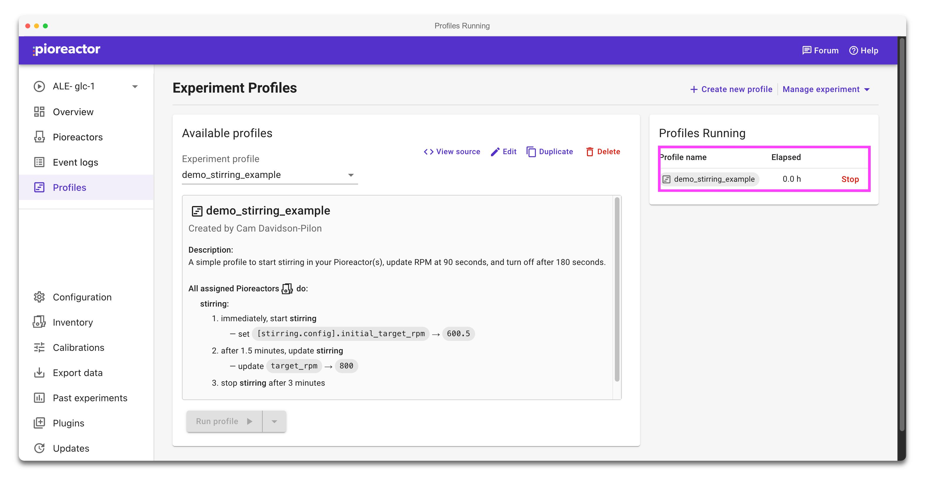 Profiles Running table highlighted with an active profile