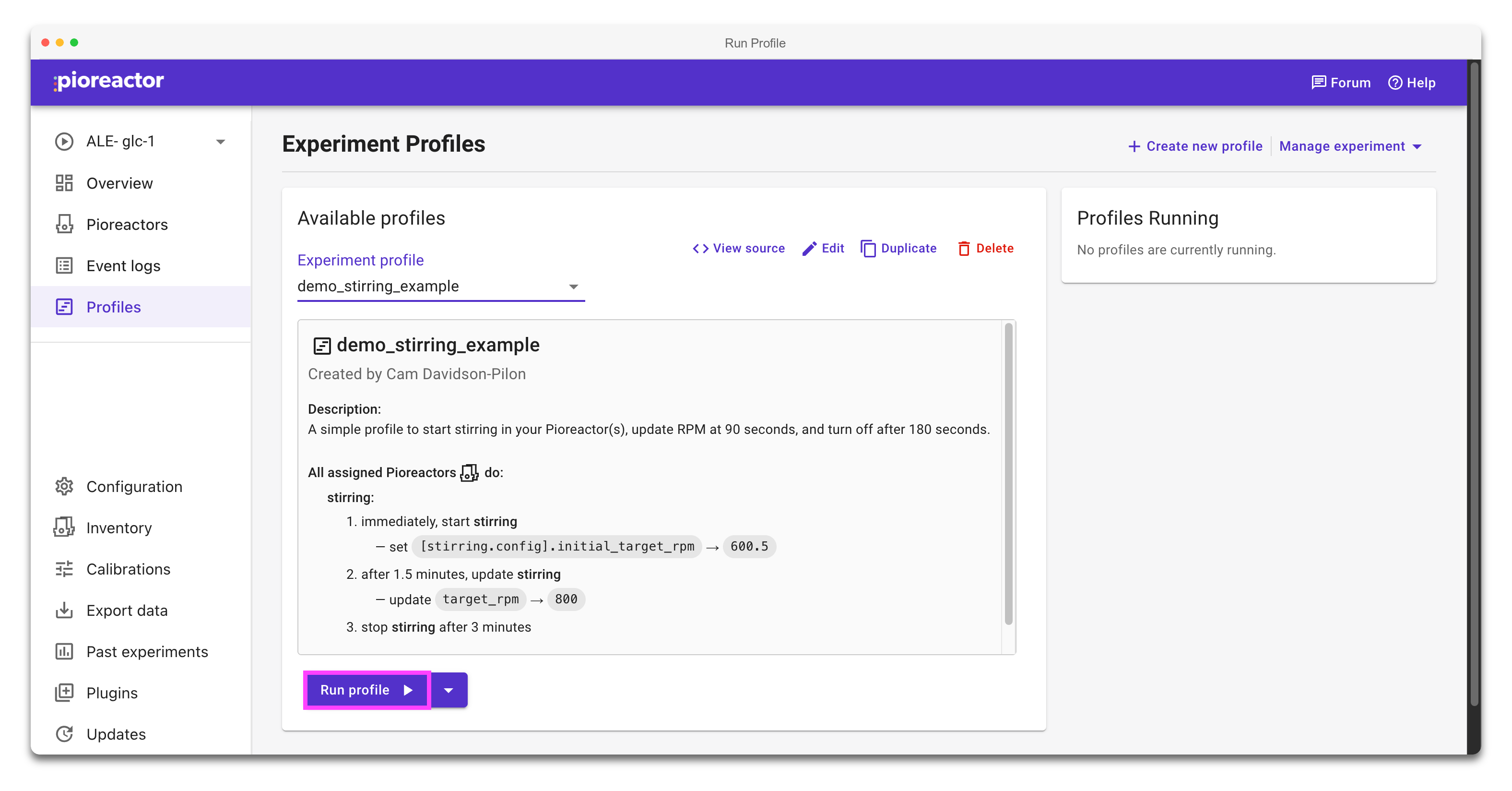 Run profile button highlighted