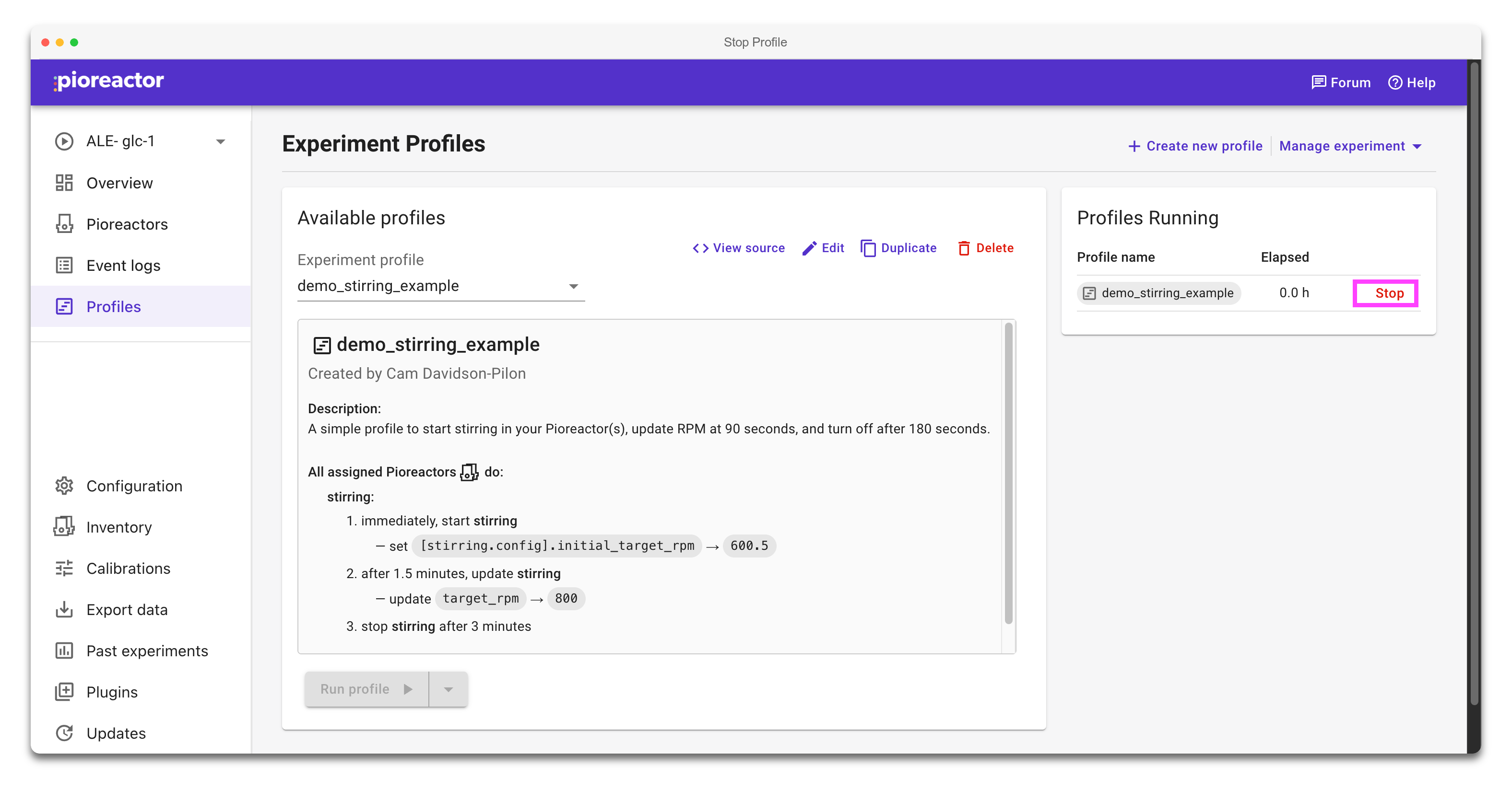 Stop button highlighted in the Profiles Running table