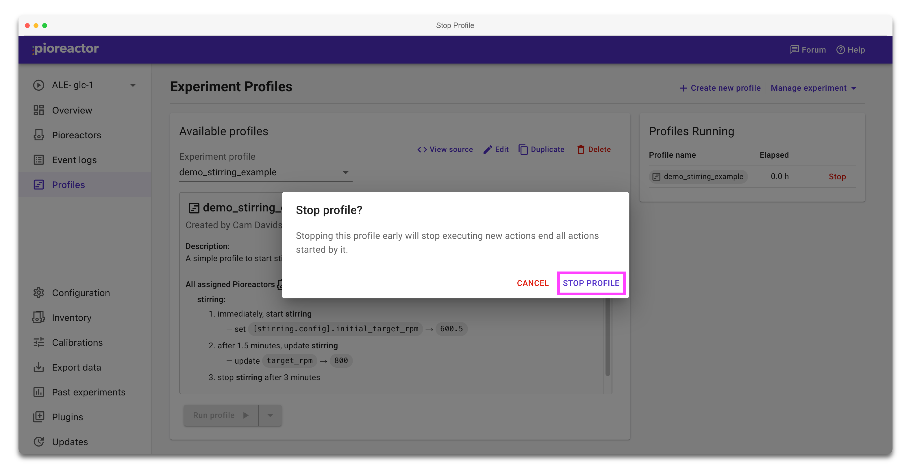 Stop profile confirmation dialog with the Stop Profile button highlighted