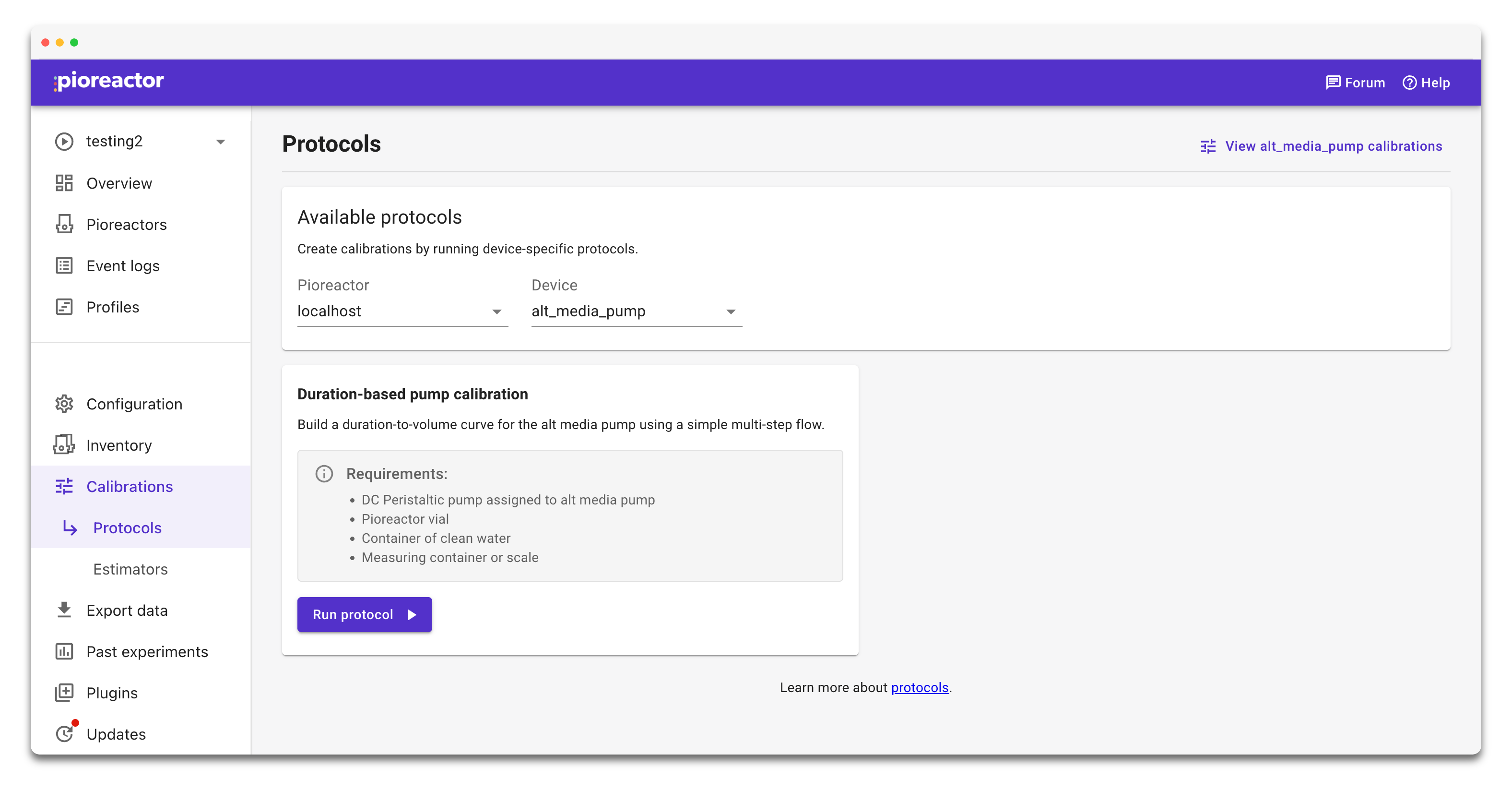 Protocols page in the Pioreactor UI