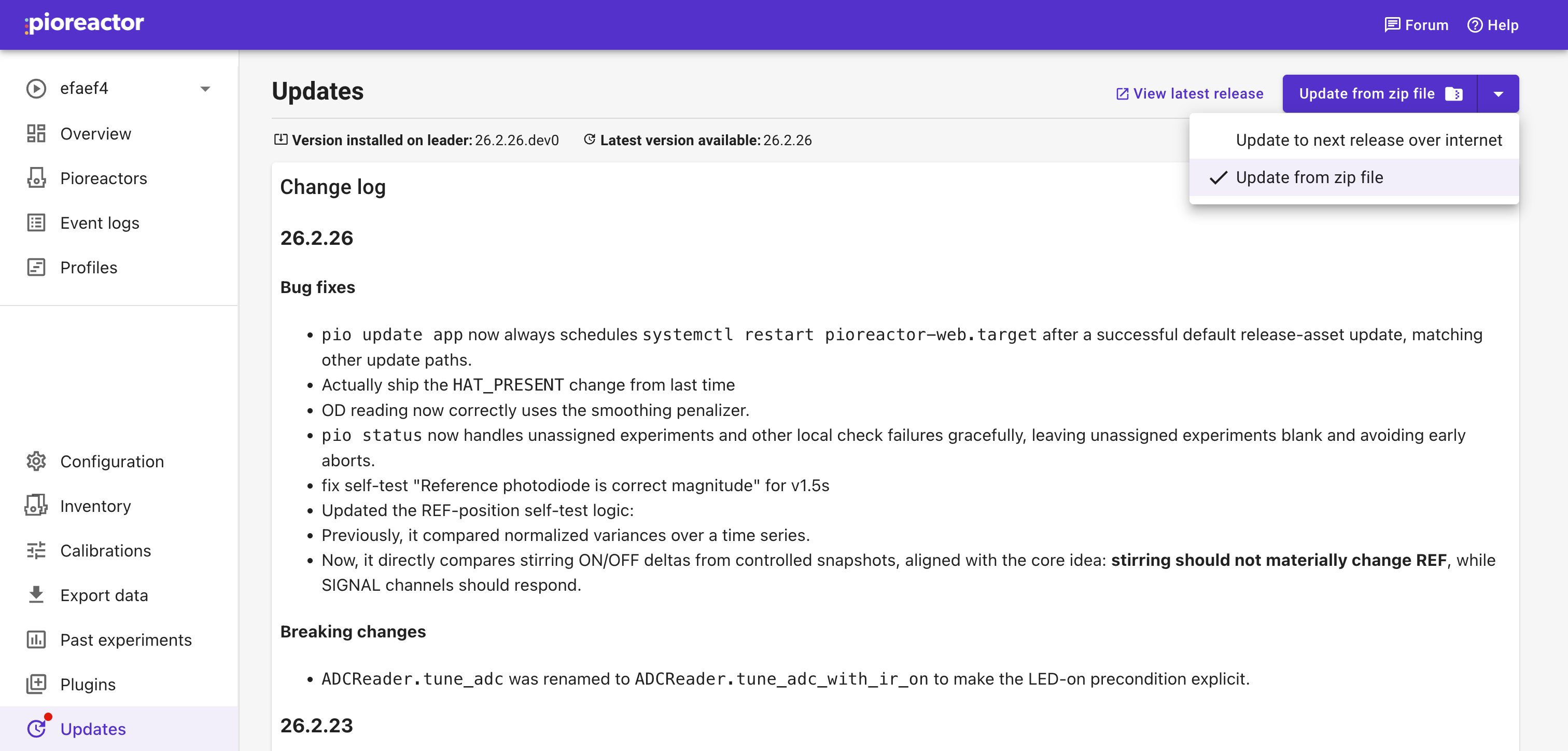 Updates page dropdown with "Update from zip file" selected