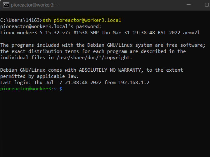 A computer console with ssh pioreactor@worker3.local typed in, and the resulting active console on the Raspberry Pi.