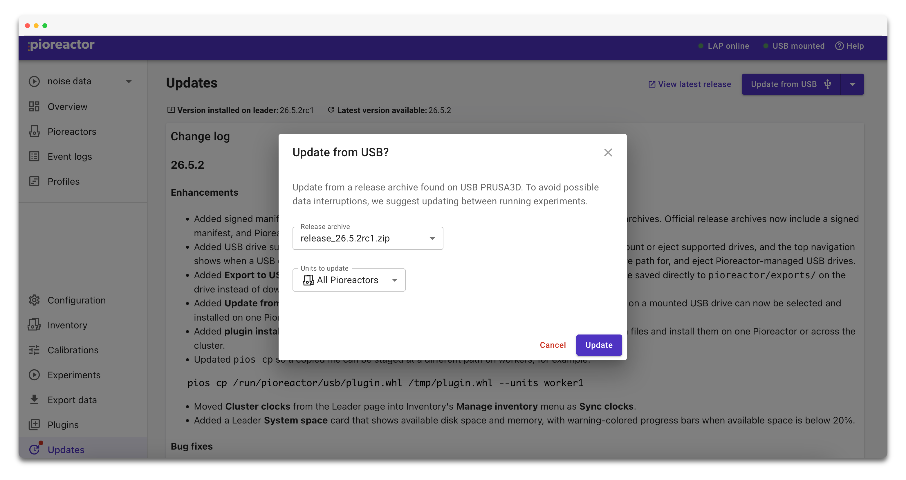 Updates page showing the Update from USB option