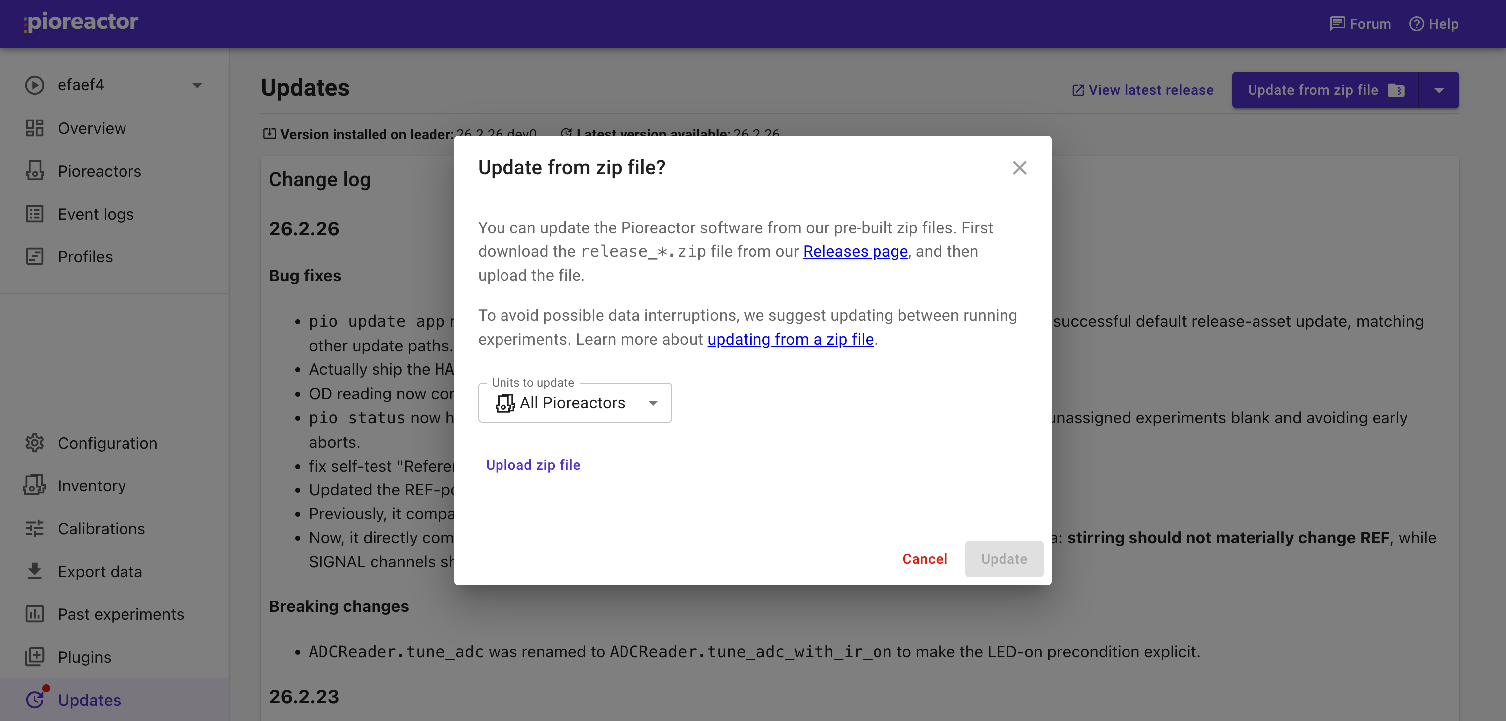 Update from zip file dialog with the "Upload zip file" option