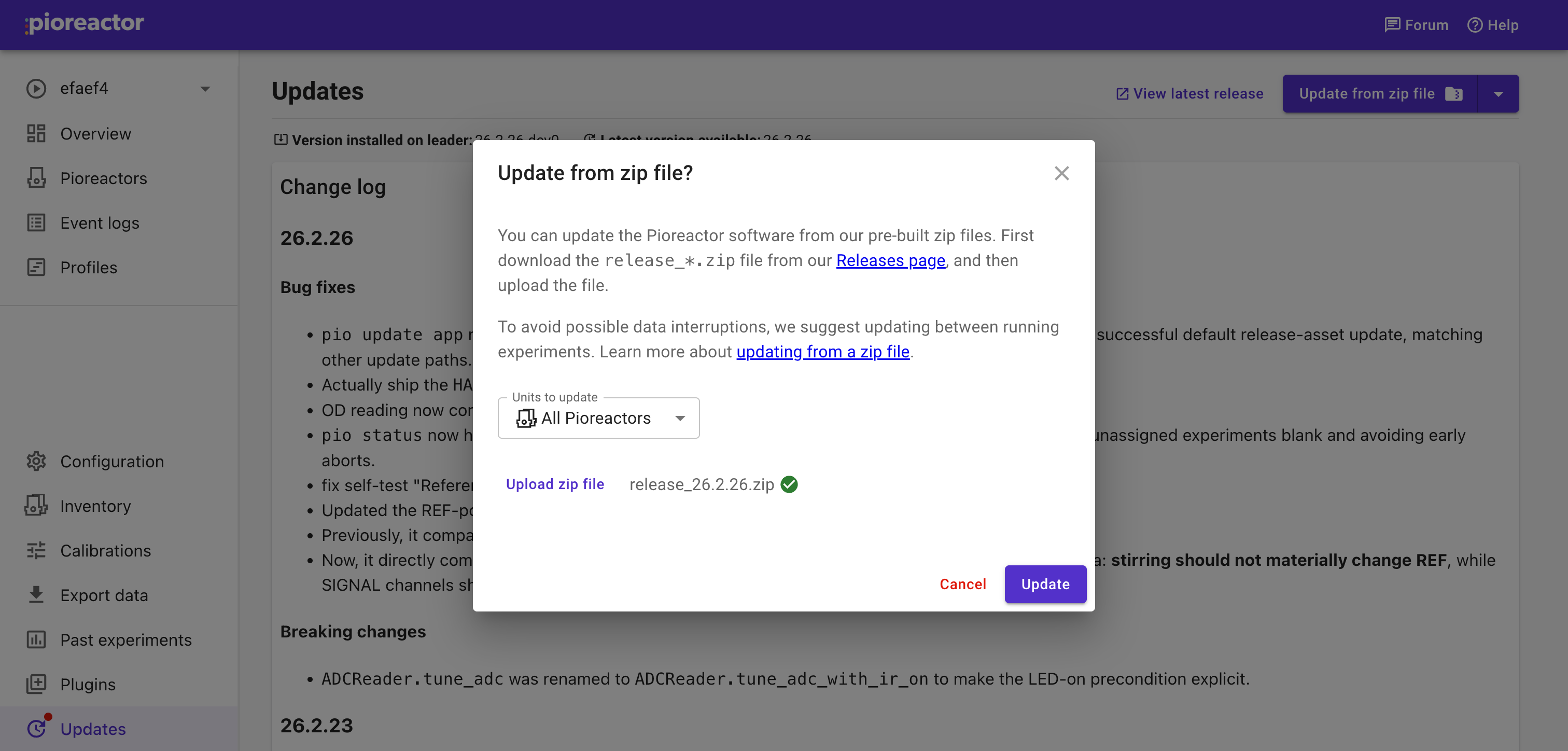 Update dialog with zip file selected and ready to update